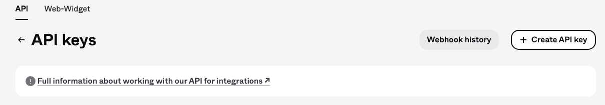 API-avainten sivu: painike ”Create API key” ja linkki webhook-historiaan