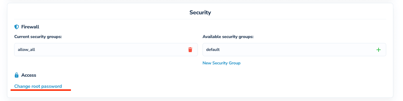 El bloc Security → Access amb l'enllaç «Change root password»