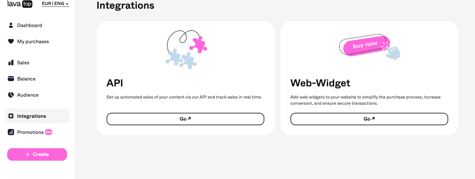 lava.topin ”Integrations”-osio: kortit API ja Web-Widget