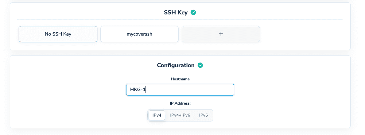 Clau SSH «No SSH Key» i el bloc Configuration amb el nom del servidor i IPv4